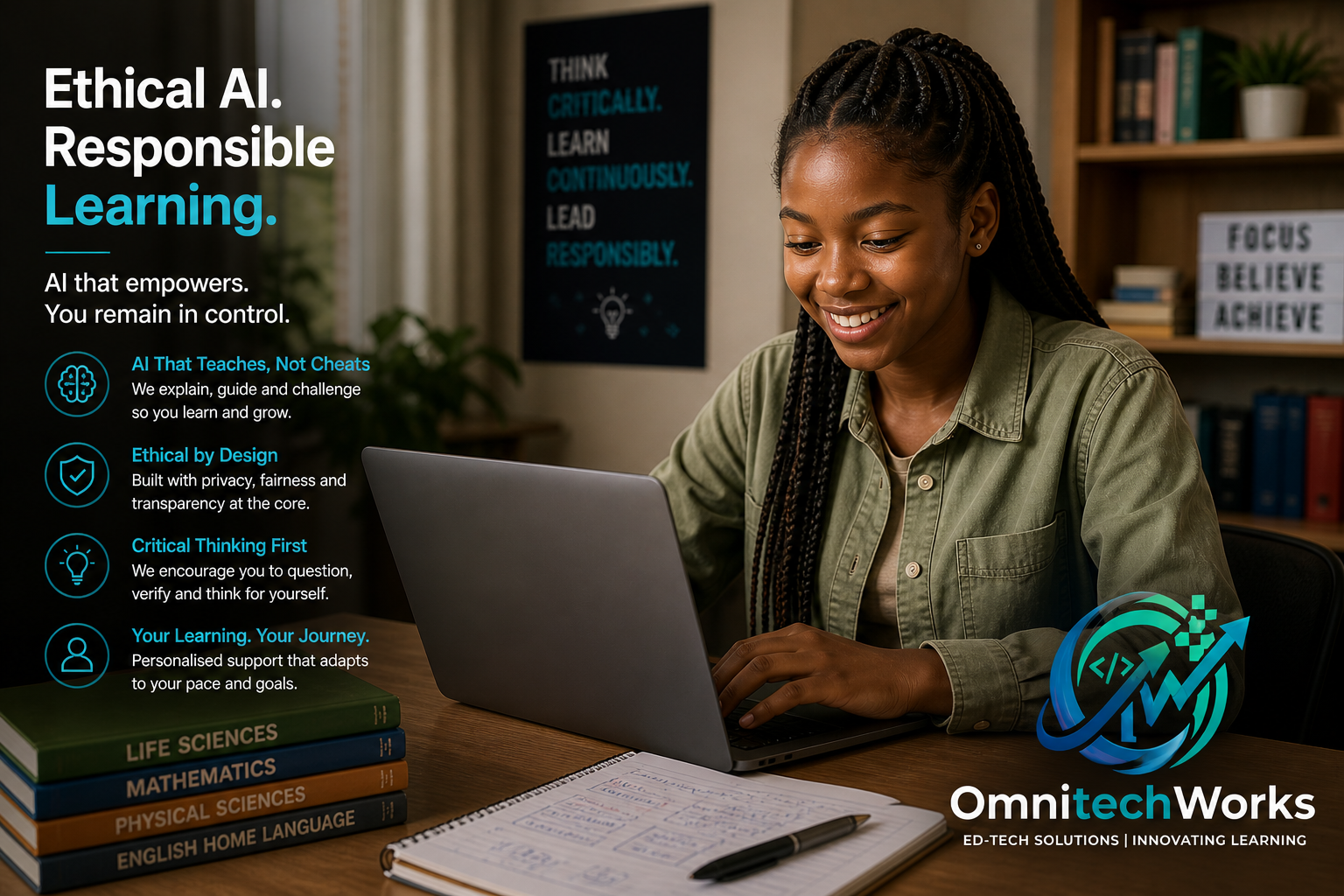 Student using a laptop with ethical AI learning message
