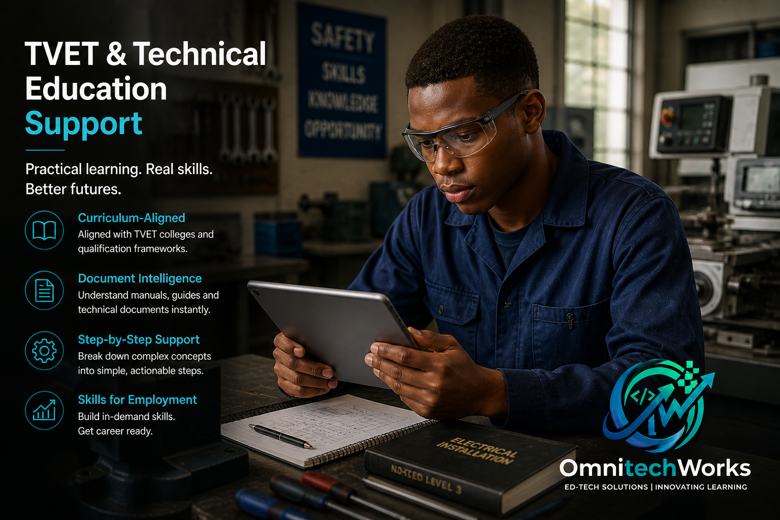 TVET learner using a tablet in a technical workshop